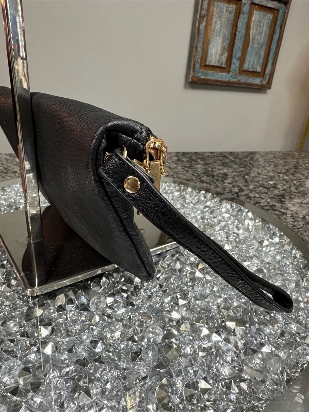 Urban Expressions Black Leather Wristlet Clutch with Gold Hardware EUC